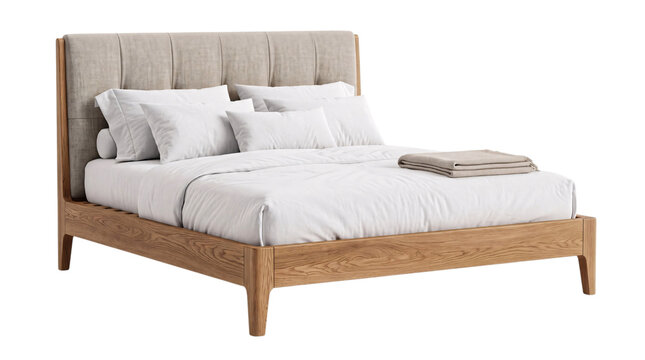 Modern wooden bed with tufted png on isolated transparent background