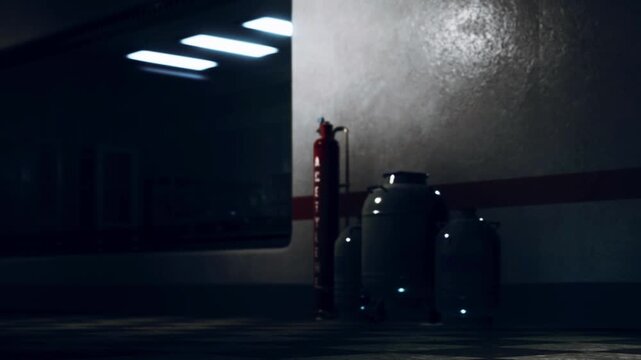 A dimly lit room shows a laundry basket on the floor. Two containers are positioned nearby. The setting appears empty and quiet. Light reflects off the walls and ceiling.
