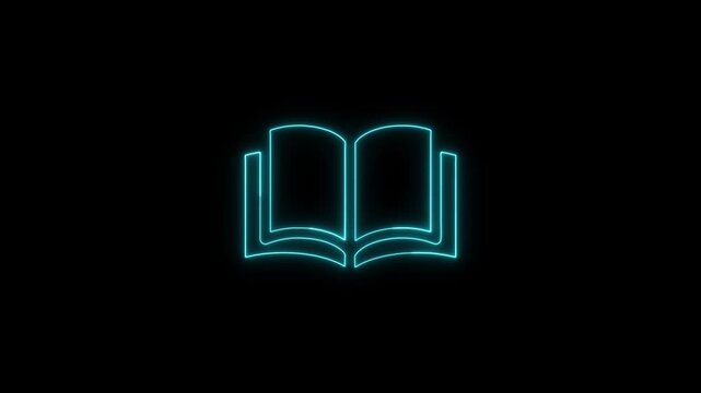 Glowing Cyan Neon Open Book Icon Animation on Black Background, Education, Reading and Knowledge Concept