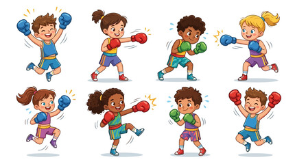 Fototapeta premium Cartoon Children Boxing in Colorful Outfits.