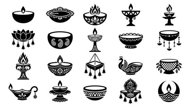 A collection of black silhouette icons representing the traditional diwali diya oil lamp used for hindu religious festival temple decoration