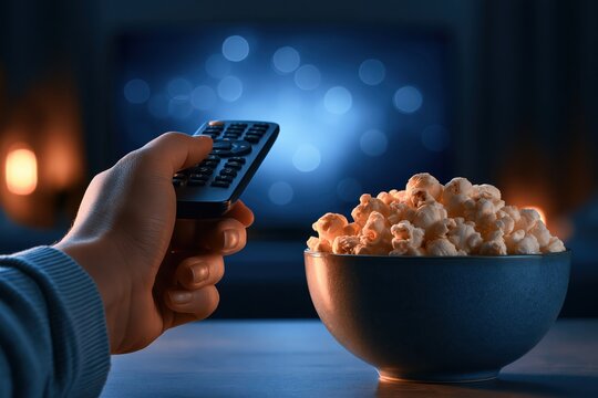 Person holding TV remote control watching movie with popcorn bowl cozy