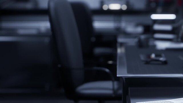 There are two empty chairs next to a black desk. The desk has some office supplies and a computer. The lighting is low, creating a dark atmosphere in the workspace.