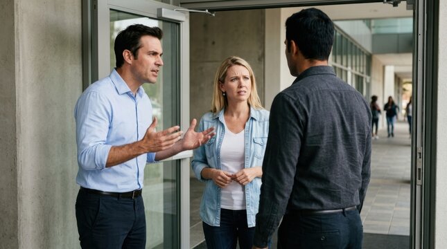 Three adults having a heated argument or intense professional disagreement outdoors.