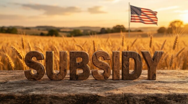 Striking sunset agricultural field stock photo featuring wooden subsidy text and waving American flag for marketing, web banners, or agricultural industry presentations.