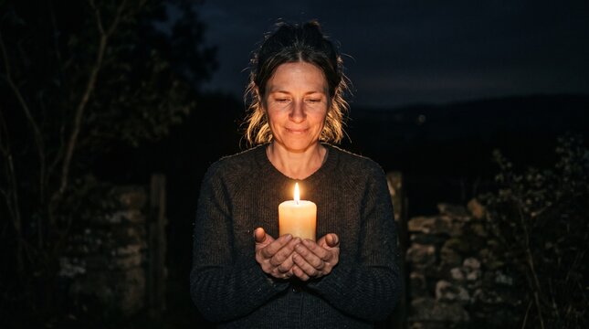 Woman holding a lit candle at night outdoors with a gentle smile and warm glow