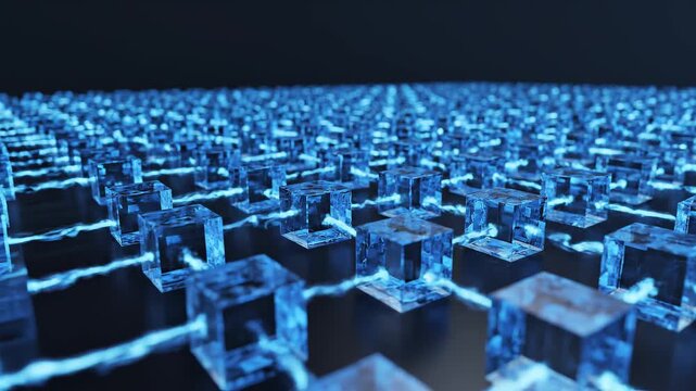 Abstract blue geometric cubes pattern forming a digital landscape with subtle camera movement