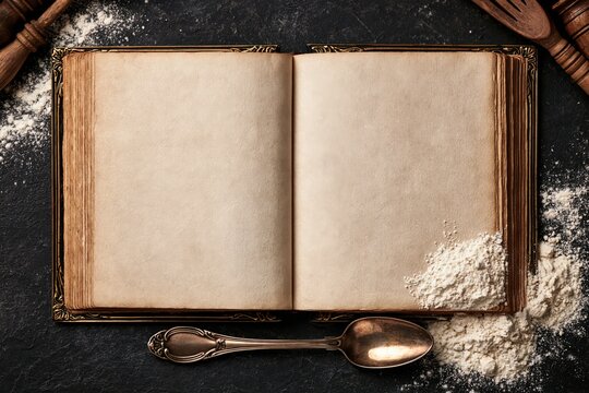 Open vintage recipe book with flour and spoon on dark background mockup