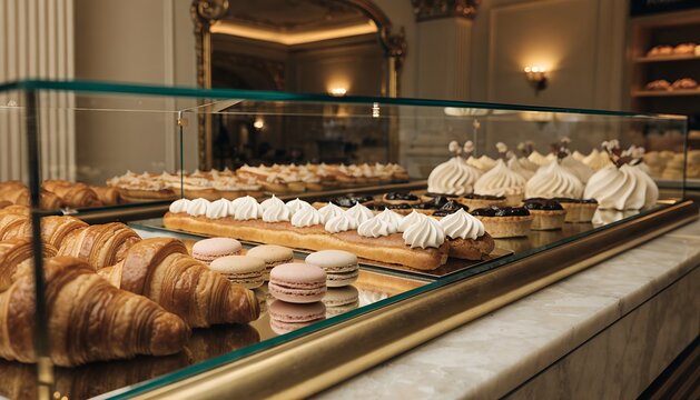 Variety Of Pastries Displayed In A Luxurious Glass Case In A Bakery Setting