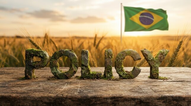 Striking stock photo featuring moss-covered policy text on rustic wood with Brazilian flag backdrop ideal for environmental marketing banners or sustainability campaigns.