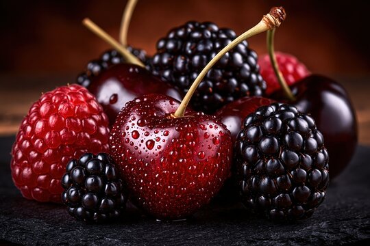 Fresh mixed berries and cherries with water drops macro commercial photo