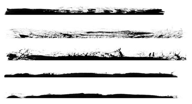 Set of black ink brush stroke lines with rough textured edges for artistic graphic design elements and creative decorative borders and frames