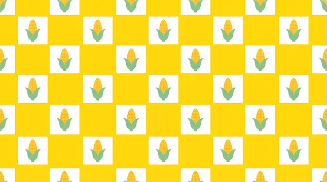 Seamless pattern featuring yellow corn cobs on a checkered background