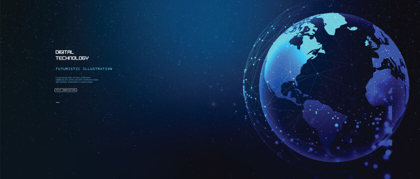 Earth globe with complex constellation mesh network connections in dark blue cosmos for global telecommunication infrastructure and internet technology system design project.