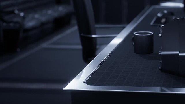 A close up of a table with a cup placed on it. There are tools and equipment arranged beside the cup. The room appears dark with limited lighting.
