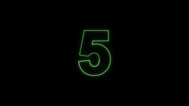Glowing Green Neon Number Five Animation on Black Background, Digital Countdown, Mathematics and Numeric Display Concept