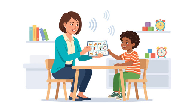 Speech Therapist Helping Child with AAC Device and Visual Aids in Classroom Setting