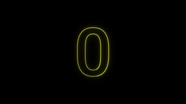 Glowing Yellow Neon Number 0 Animation on Black Background, Digital Countdown, Mathematics and Numeric Display Concept