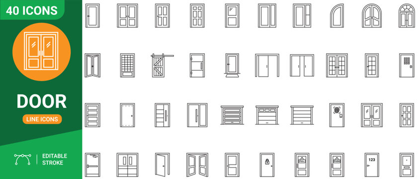 Door Icon Set. Outline icons featuring entrance portals, house entryways, and architectural access points. Editable stroke. Vector icon set. Full vector.