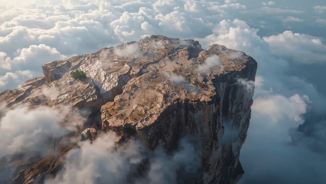Aerial view of a majestic flat topped mountain peak rising above the clouds.