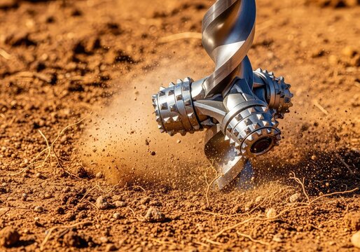 A detailed close-up shows a metallic industrial drill bit rotating and piercing deep into dry, textured soil, kicking up dust and dirt, dust, steel, vertical