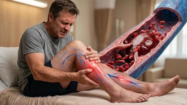 Body flow impede: deep thrombosis, leg discomfort, vascular block, blood clot, human anguish, vessel disease, cell aggregation, health crisis.