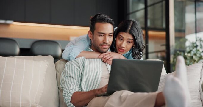 Laptop, connection and couple on sofa in home with bonding, hug and affection in marriage together. Happy, computer and woman embracing man in living room for support in relationship in apartment.