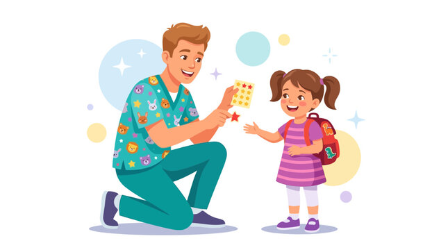 Caring pediatrician awards sticker to smiling girl with backpack, illustration of positive reinforcement and childhood healthcare