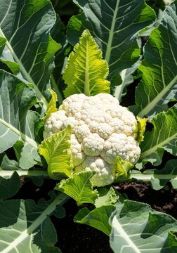 A fresh white cauliflower head matures in a lush green garden bed, surrounded by large protective leaves under bright natural sunlight, cauliflower, plant, farming