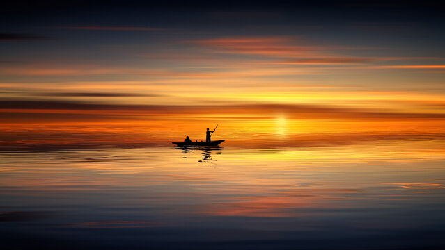 Serene Silhouette of a Small Boat and Fishermen on Calm Water at Sunset