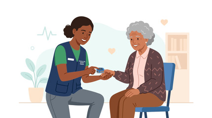 Obraz premium Caring nurse checks pulse oximeter on elderly woman, representing healthcare, home care, and senior wellness in a modern flat illustration style.