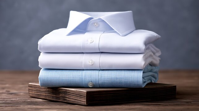 A neat stack of folded formal white and blue shirts on a wooden surface. Ideal for professional men's fashion retail and corporate style concepts.