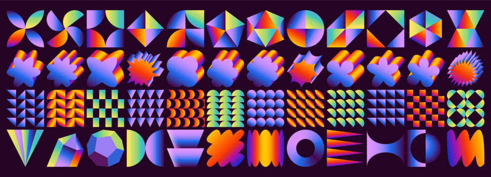 Neo geometric brutalist abstract gradient elements. Modern 3D isometric y2k futurism mesh shapes, chromatic bauhaus graphic design assets, contemporary psychedelic grid