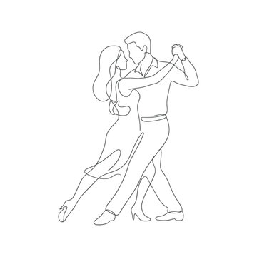 Couple dancing tango in elegant pose black and white line art vector illustration