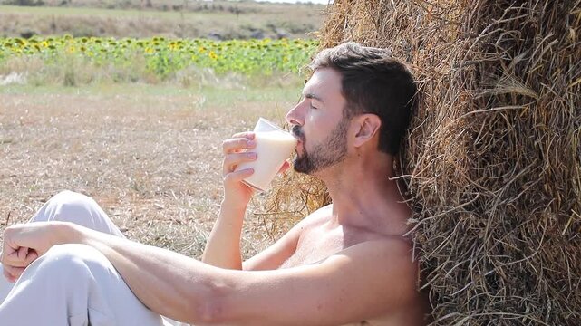 Attractive Shirtless Farmer Drinking Fresh Milk in Sunflower Field