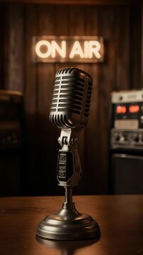 Vintage microphone broadcast: radio station, retro studio, audio equipment, voice communication, show transmission, live record, sound media.