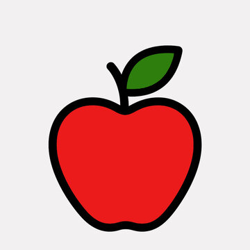 Red apple icon with green leaf and bold black outline for school projects healthy food logos and app designs.