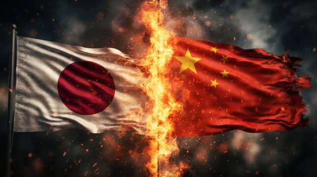 Striking digital illustration of fiery conflict between Japanese and Chinese flags ideal for political tension graphics, news banners, or protest-themed designs.