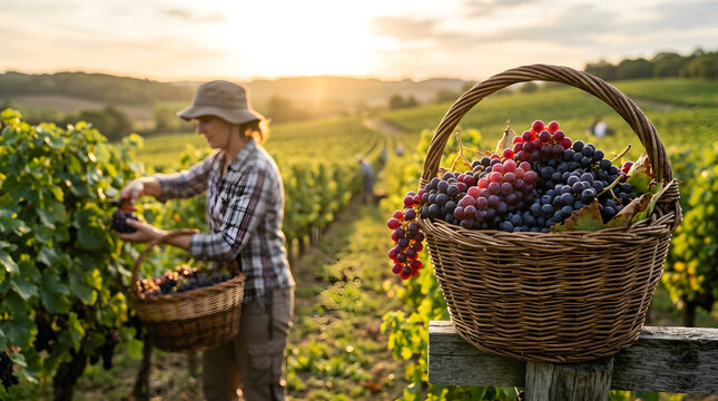 Woven basket full of fresh red and purple grapes on a wooden post. Female worker harvesting grapes in a sunny vineyard during golden hour