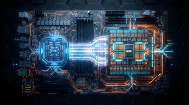 Modern circuit board with glowing blue electronic components