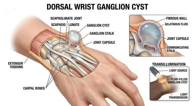 Transillumination of a fluid-filled ganglion cyst of the wrist.

