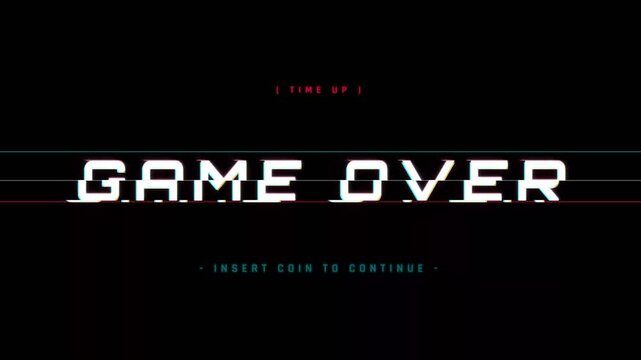 Retro game over screen with glitch effect and insert coin text