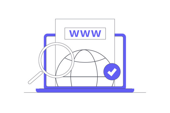 Domain Registration Search and Website WWW Address Verification. Laptop Screen Displaying Globe Icon WWW Window Magnifying Glass and Approved Check Mark. Flat Cartoon Vector Illustration, icon Stylish