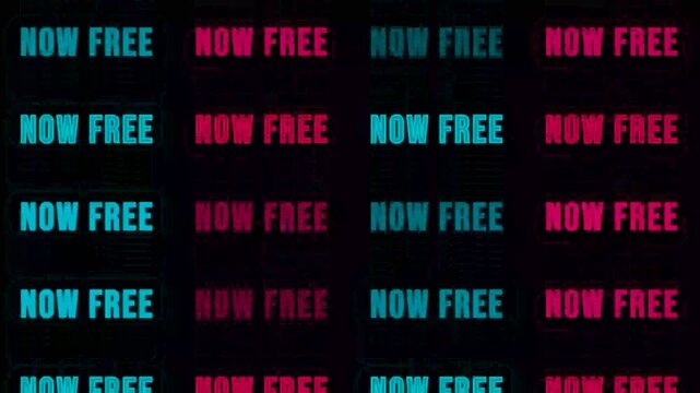 Animated glitch text pattern featuring neon NOW FREE words