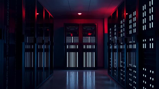 Server racks display glowing indicator lights inside data center corridor with symmetrical equipment rows, reflective floor, cool blue illumination and red accents showing infrastructure environment