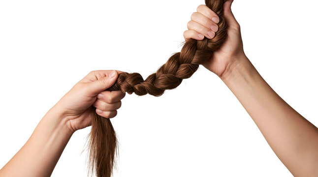 Female hands pulling a thick brown braided hair strand isolated on transparent background PNG element