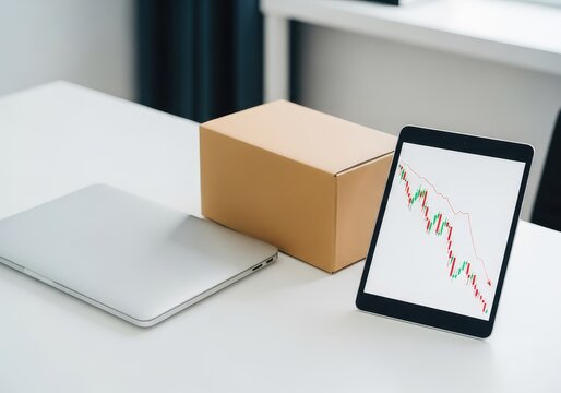 A modern office workspace with a closed laptop, a cardboard packing box, and a digital tablet showing a downward trending financial graph, growth, trends, supplies
