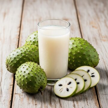 A tall glass of white soursop juice sits on a rustic table, surrounded by whole prickly green guanabana fruits and fresh, juicy sliced pieces, ripe, organic, breakfast