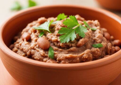 A warm bowl of authentic refried beans served in a rustic terracotta dish, topped with fresh green parsley leaves for a delicious meal, fiber, traditional, beans