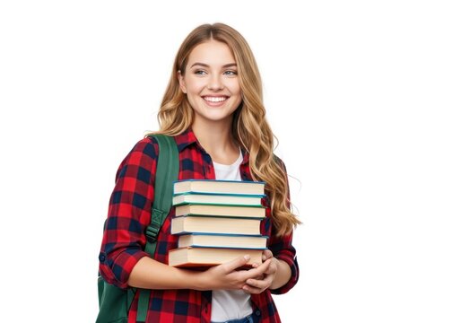 Smiling woman holding stack of colorful books